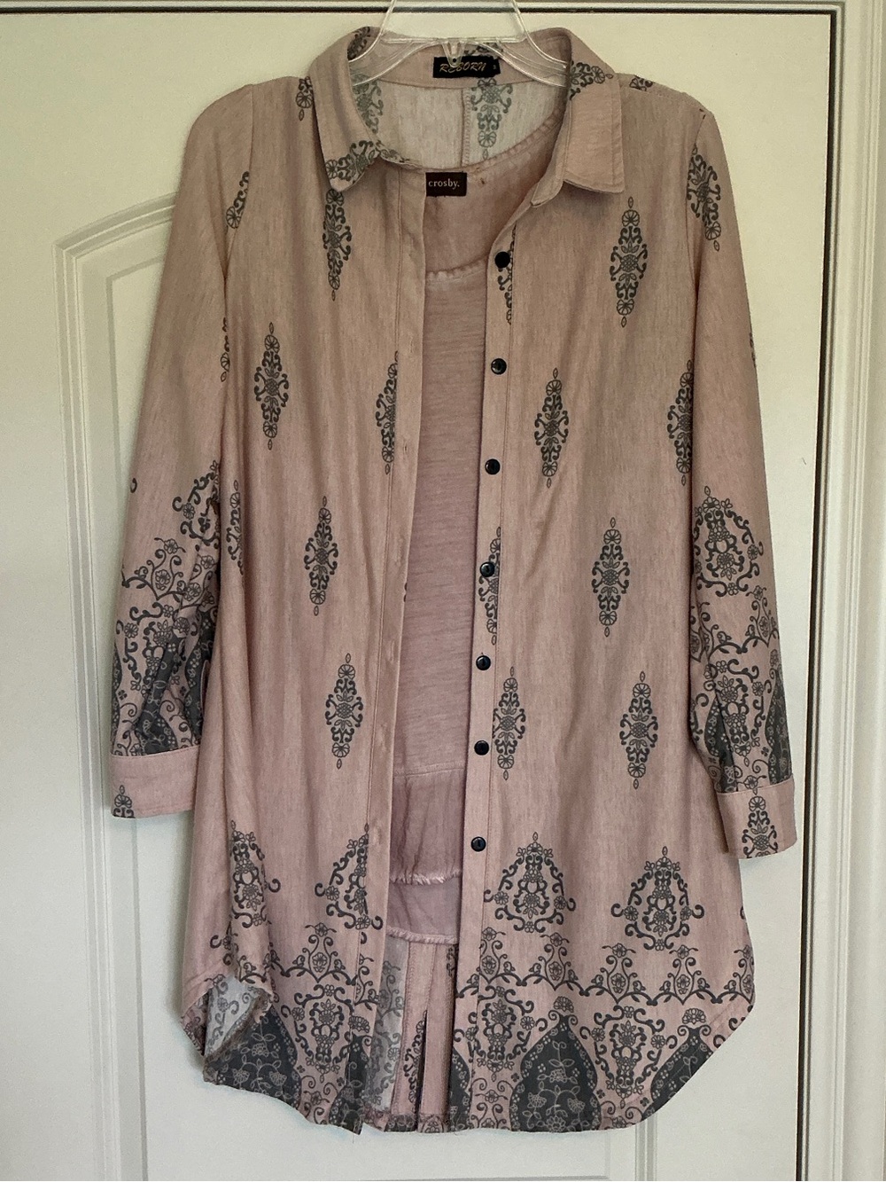 2piece Set - Dusty Pink Printed Long Button-Up Shirt w/ Tank * M